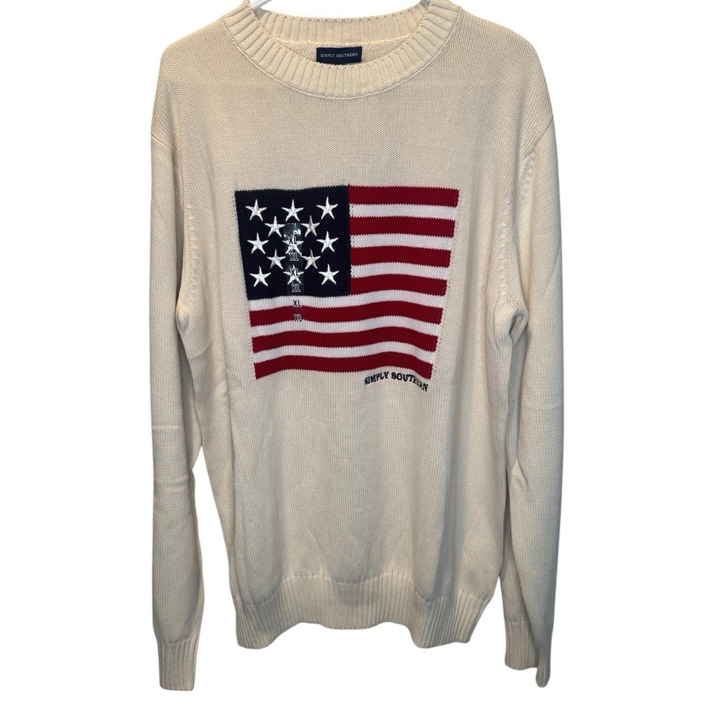 Simply Southern Cream Preppy USA Flag Mens Knit Cotton Sweater XL NEW Patriotic